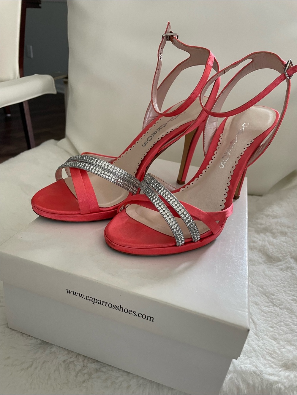 Caparros Coral Pink Rhinestone-Strap Stiletto Sandals